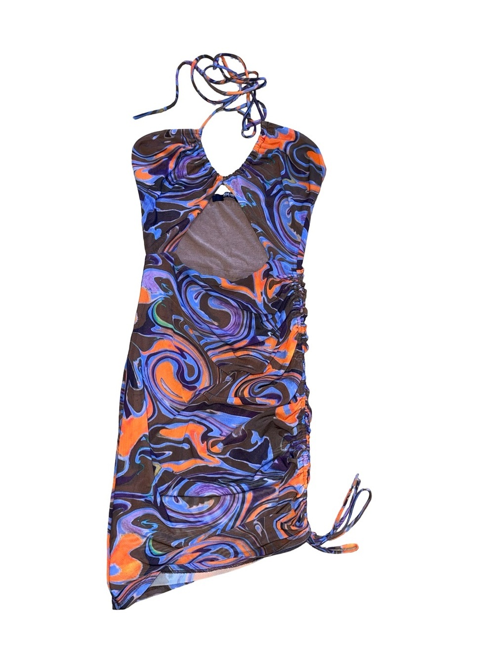 Miss Lola Marble Print Halter Mini Dress - Blue/Orange Cutout Bodycon size S
